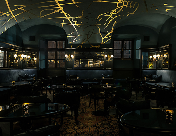 Bar Cavour: Herrera Room with the artwork of artist Arturo Herrera decorating the vault. Courtesy Del Cambio, Torino.